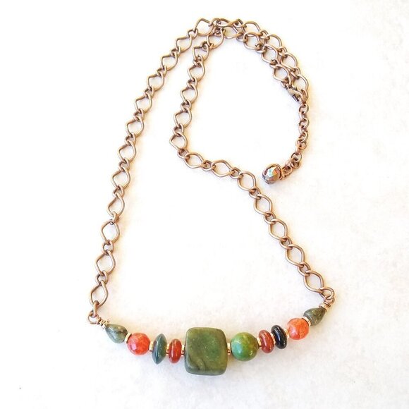 Handmade Asymmetrical Choker! Semi-Precious Stone Beads + Copper! Fall Colors! - Picture 8 of 15